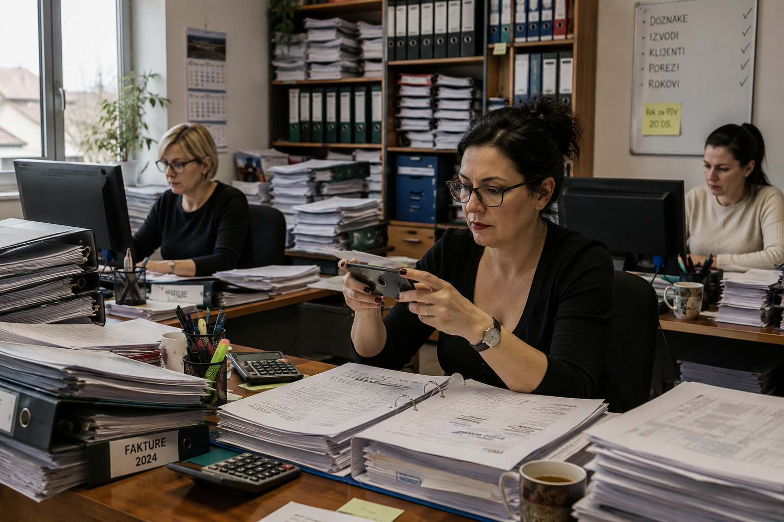 Računovodstvena kancelarija prepuna dokumenata, faktura i registratora