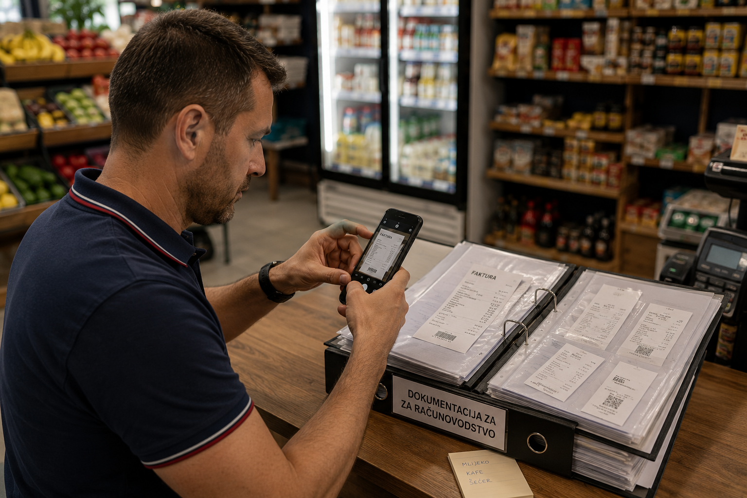 Klijent fotografira fakturu telefonom u radnji